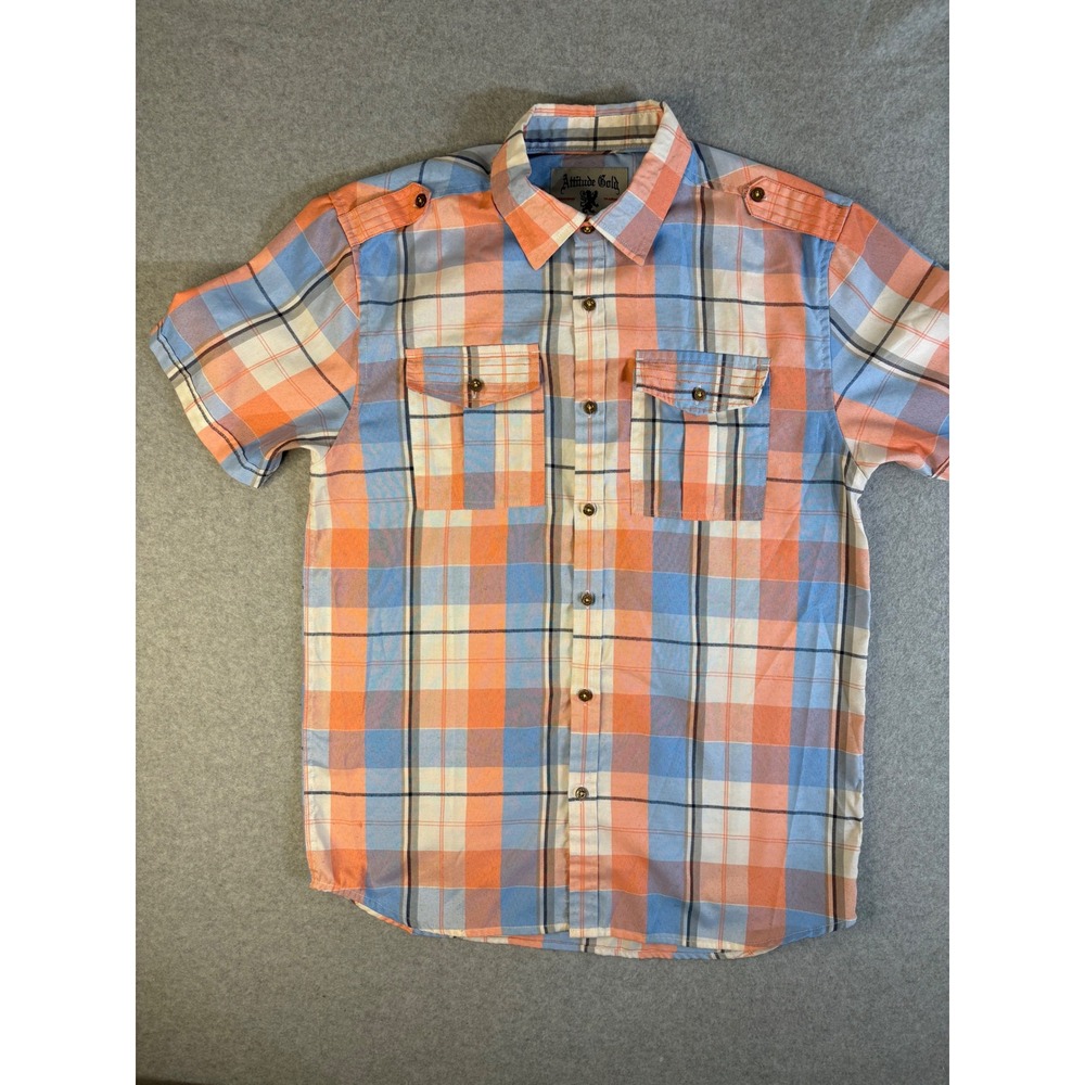Attitude Gold Mens Large Short Sleeve‎ Plaid Button Down Shirt Orange Blue
